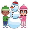 Цветной пример раскраски дети и снеговик