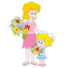 Цветной пример раскраски мама и девочка с летним букетом