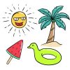 Цветной пример раскраски солнце, мороженое, пальма, уточка