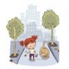 Цветной пример раскраски девочка гуляет по парку с собакой