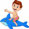 Цветной пример раскраски мальчик на надувной акуле
