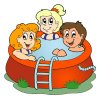 Цветной пример раскраски дети в бассейне на даче