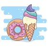Цветной пример раскраски мороженое и пончик, сладкий десерт