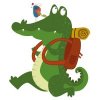 Цветной пример раскраски крокодил с птичкой и рюкзаком