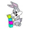Цветной пример раскраски зайчонок играет в кубики