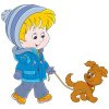 Цветной пример раскраски мальчик гуляет с собакой