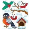 Цветной пример раскраски зимняя птица, рябина, лес