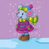 Цветной пример раскраски зимнее животное мышка со снежинками