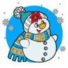 Цветной пример раскраски смешной снеговик в снежинках