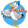 Цветной пример раскраски чайка в шарфе и шапке