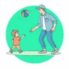 Цветной пример раскраски папа играет с сыном в мяч