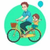 Цветной пример раскраски папа и сын на велосипеде