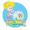 Цветной пример раскраски девочка и аквариум