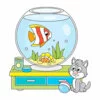 Цветной пример раскраски котик смотрит на рыбку в аквариуме