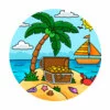 Цветной пример раскраски остров сокровищ и пальма
