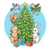 пример раскраски медведь, заяц и белка наряжают елку