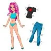 Цветной пример раскраски бумажная кукла для вырезания миа с одеждой: футболка и джинсы
