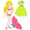 Цветной пример раскраски бумажная кукла для вырезания маруся с одеждой: летнее платье и зонтик