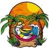 Цветной пример раскраски пальмы, море, пляж, отпуск