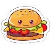 Цветной пример раскраски гамбургер с котлетой. кавай с глазками