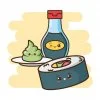 Цветной пример раскраски суши, роллы, соевый соус, васаби. японская кухня кавай