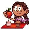 Цветной пример раскраски девочка ест фрукты яблоко, кекс