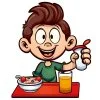 Цветной пример раскраски мальчик ест кашу и пьет сок. школьный обед