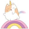 Цветной пример раскраски кот-единорог на радуге