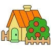 Цветной пример раскраски милый домик с забором и деревом