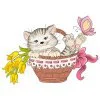 Цветной пример раскраски котенок с бабочкой в корзине