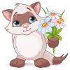 Цветной пример раскраски котенок с букетом цветов