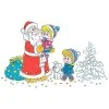 Цветной пример раскраски дед мороз с детишками и новогодняя елка