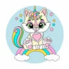 Цветной пример раскраски котик-единорог на радуге