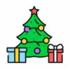 Цветной пример раскраски новогодняя елка со звездой и подарками