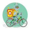 Цветной пример раскраски робот-доставщик на велосипеде