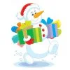 Цветной пример раскраски снеговик идет с подарками