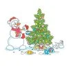 Цветной пример раскраски снеговик наряжает новогоднюю елку