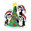 Цветной пример раскраски три пингвина у елки
