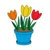 Цветной пример раскраски три тюльпана в горшке