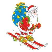 Цветной вариант раскраски дед мороз с мешком подарков на лыжах