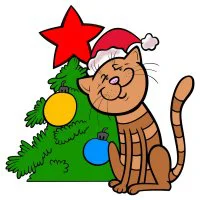 Цветной вариант раскраски котик у новогодней елки