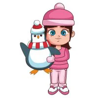 Цветной вариант раскраски девочка и пингвин