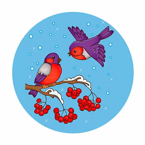 Цветной пример раскраски два снегиря на рябине