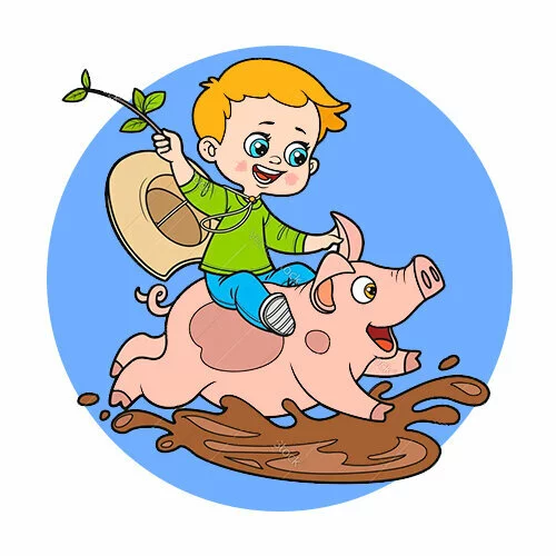 Цветной пример раскраски мальчик на свинье