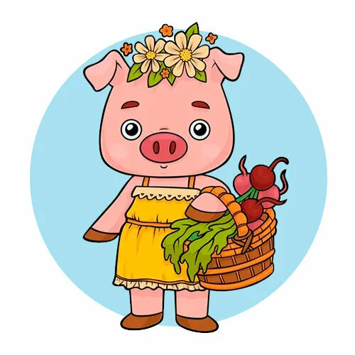Цветной пример раскраски свинья с продуктами