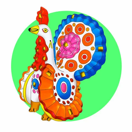 Цветной пример раскраски дымковская игрушка птичка