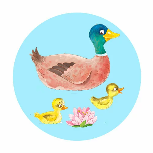 Цветной пример раскраски мама утка и два утенка