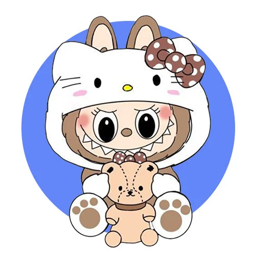 Цветной пример раскраски лабубу в костюме китти