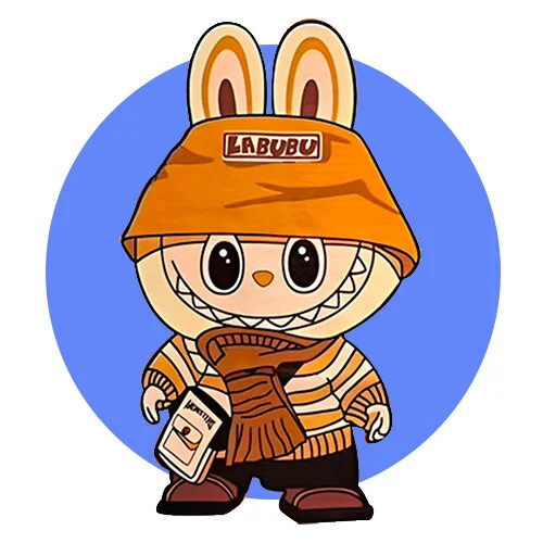 Цветной пример раскраски лабубу в шарфе