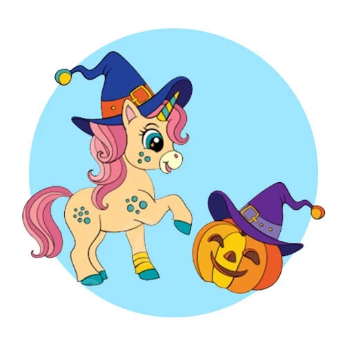 Цветной вариант раскраски единорожка на хэллоуин